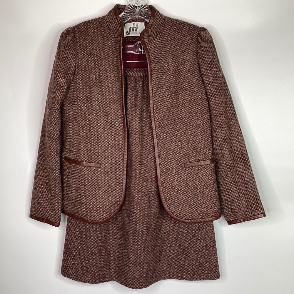 Vintage JH Collectibles Burgundy Wool Leather Trimmed Blazer Skirt Set Size 6